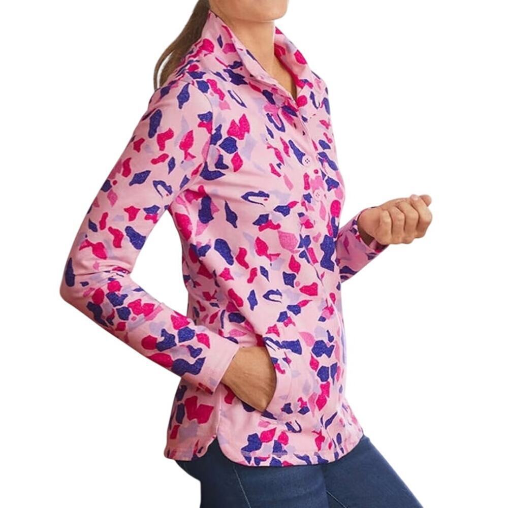 T by Talbots Printed Long Sleeve 1/2 Button Pullover Sweatshirt Pink Womens X